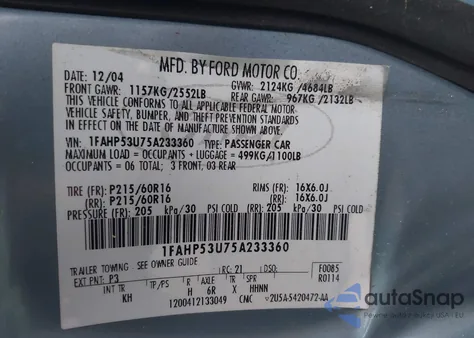 2005 Ford Taurus Se из США, поврежденный, VIN 1FAHP53U75A233360